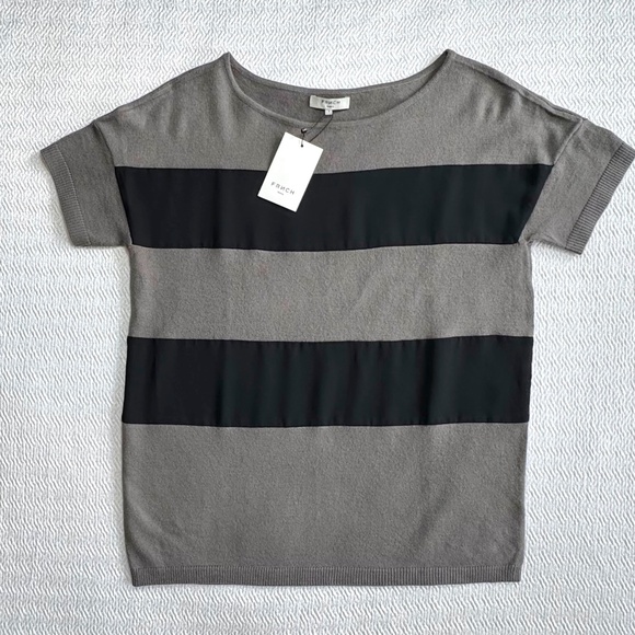 NWT FRNCH Simon’s Grey Wool-blend Black Chiffon Stripes Short Sleeve Top Sz S - Picture 5 of 9